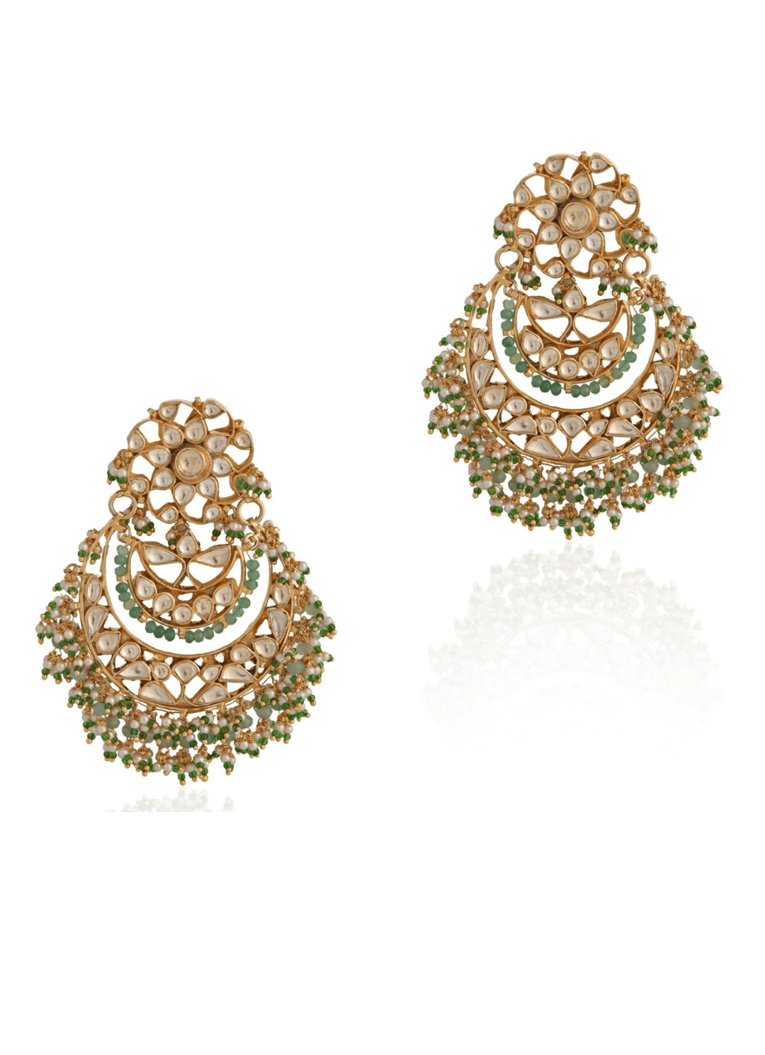 Pearl And Green Stone Chandbali Earrings Riana by Shikha Jindal - Fabilicious Fashion