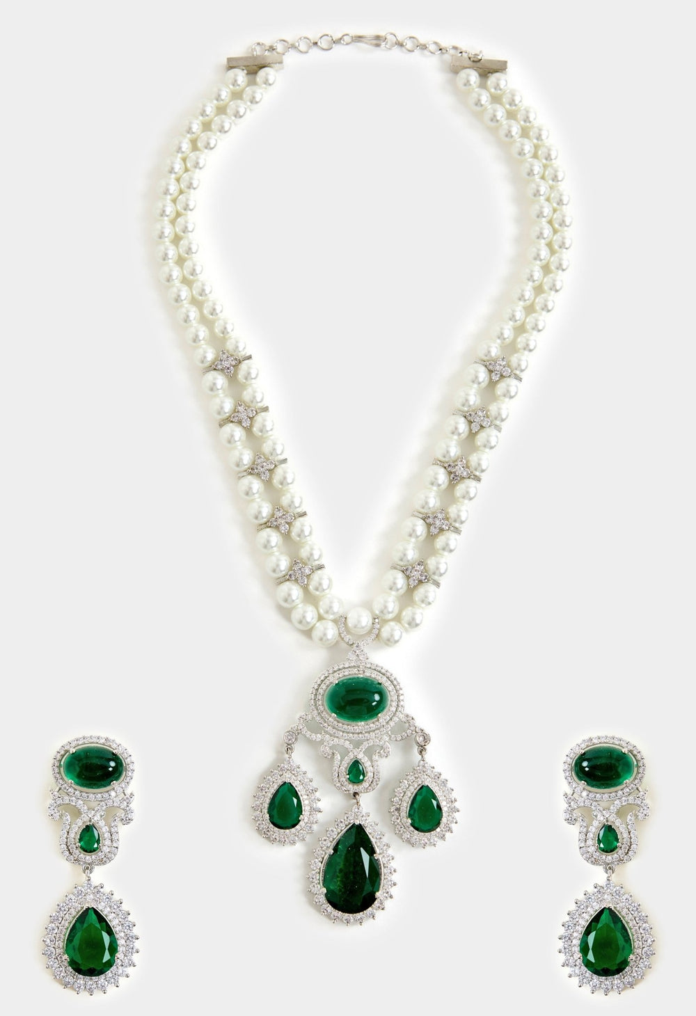 Pearl And Green Stone Statement Necklace Set Vivinia By Vidhi Mehra - Fabilicious Fashion