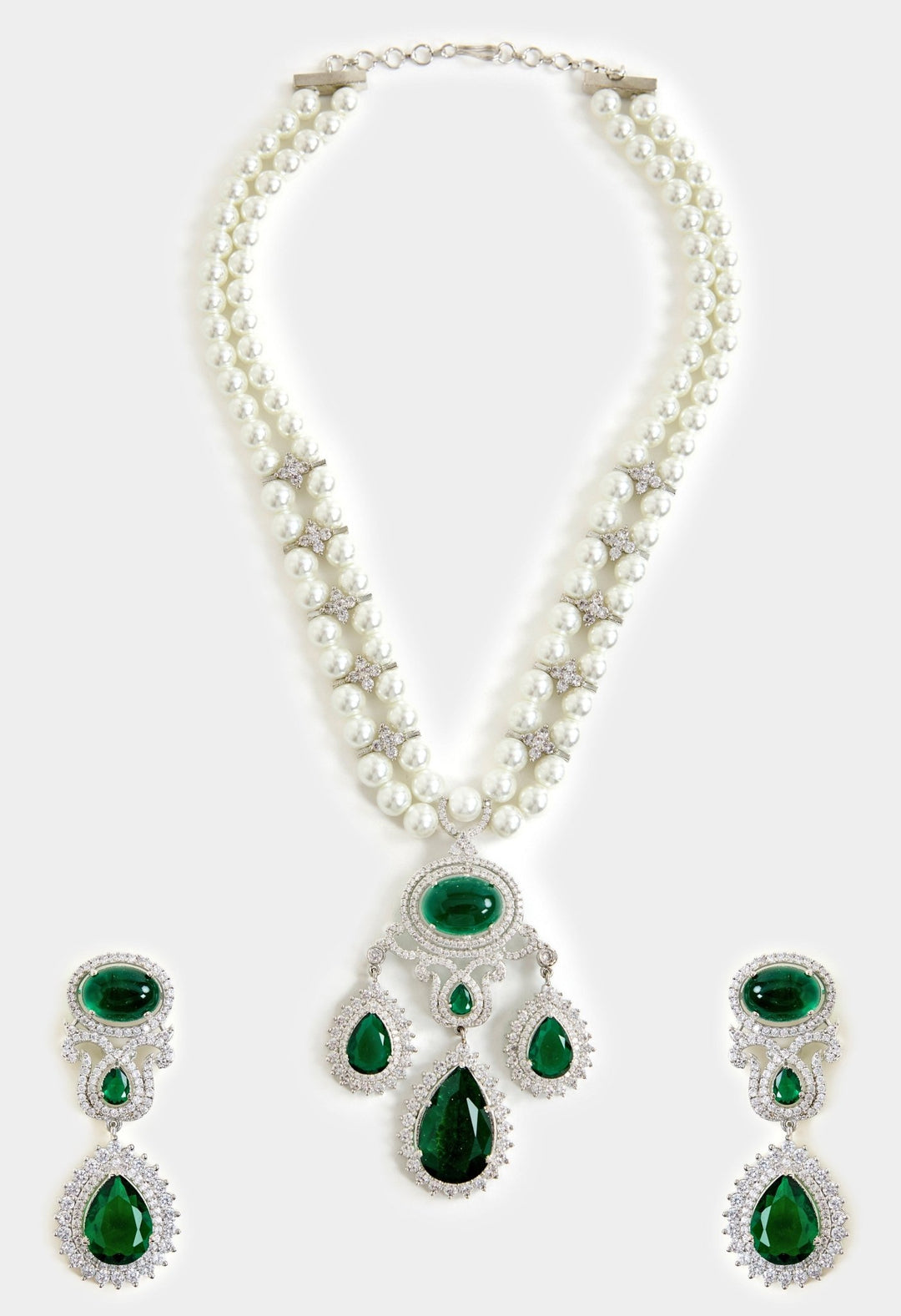 Pearl And Green Stone Statement Necklace Set Vivinia By Vidhi Mehra - Fabilicious Fashion