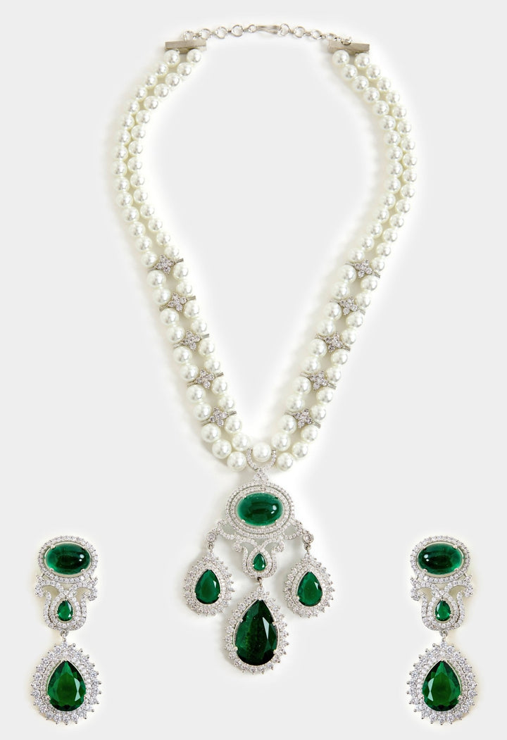 Pearl And Green Stone Statement Necklace Set Vivinia By Vidhi Mehra - Fabilicious Fashion