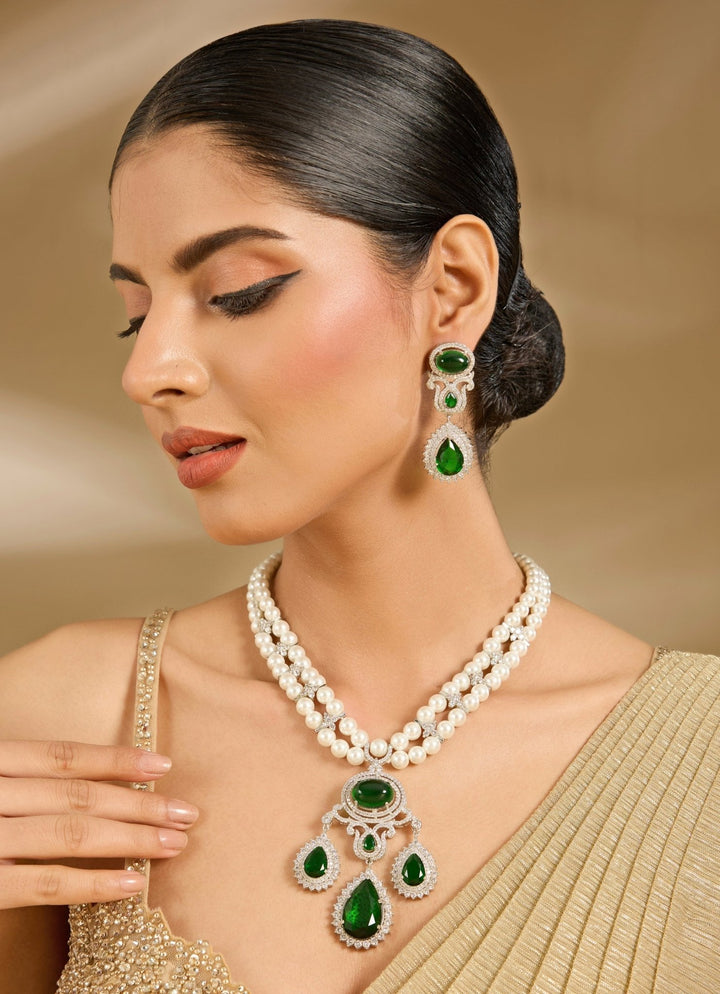 Pearl And Green Stone Statement Necklace Set Vivinia By Vidhi Mehra - Fabilicious Fashion