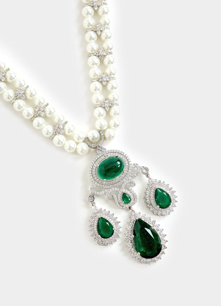 Pearl And Green Stone Statement Necklace Set Vivinia By Vidhi Mehra - Fabilicious Fashion