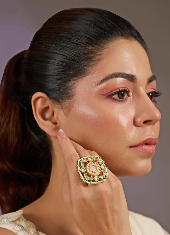 Pearl And Kundan Green Statement Ring Vivinia By Vidhi Mehra - Fabilicious Fashion