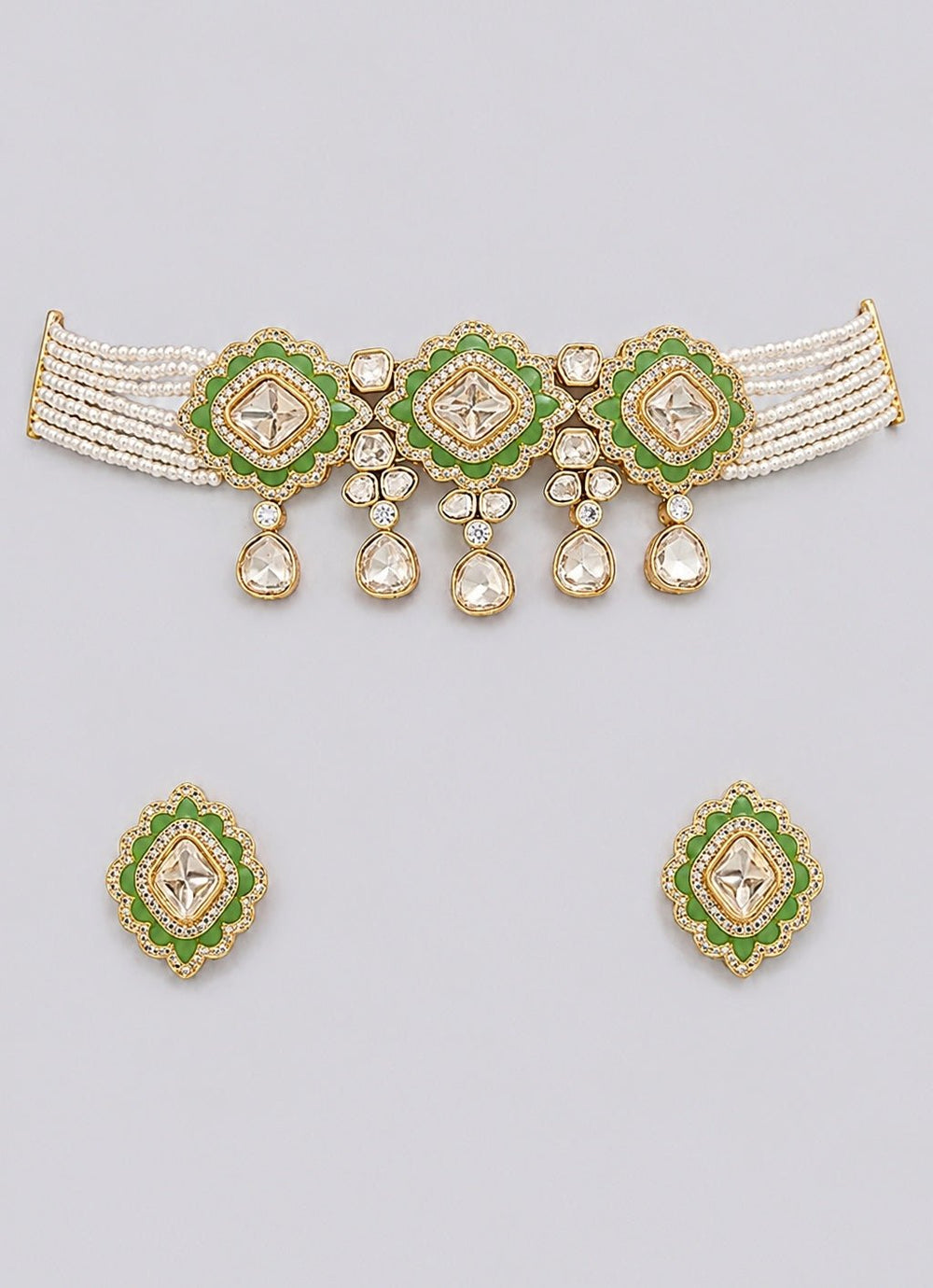 Zevar by Geeta Pearl And Mint Green Kundan Choker SetFabilicious Fashion