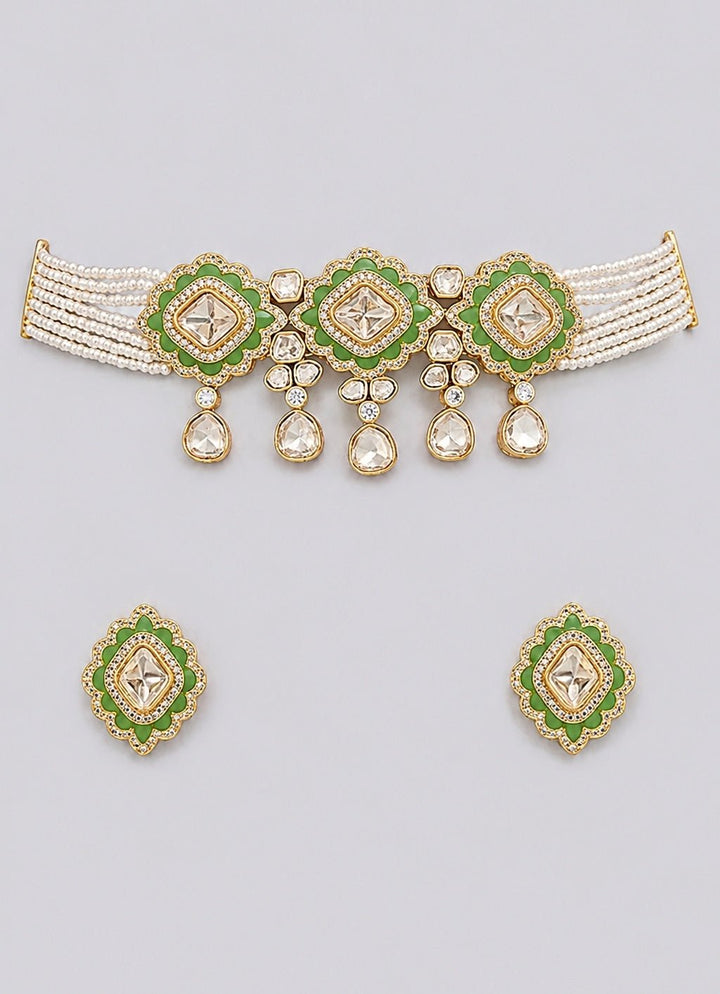 Zevar by Geeta Pearl And Mint Green Kundan Choker SetFabilicious Fashion
