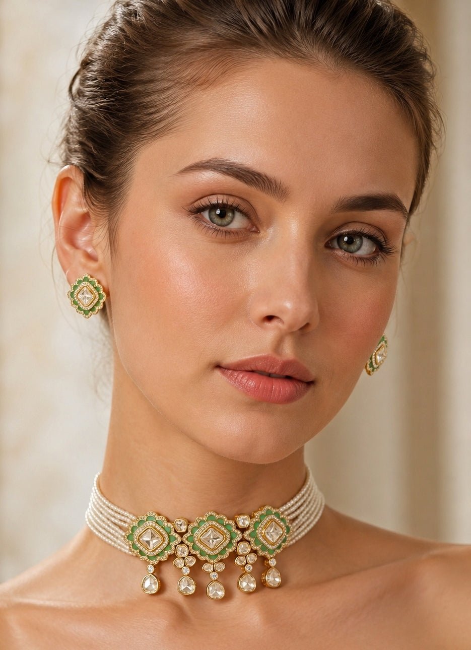 Zevar by Geeta Pearl And Mint Green Kundan Choker SetFabilicious Fashion