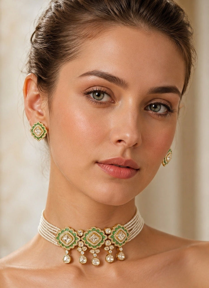 Zevar by Geeta Pearl And Mint Green Kundan Choker SetFabilicious Fashion