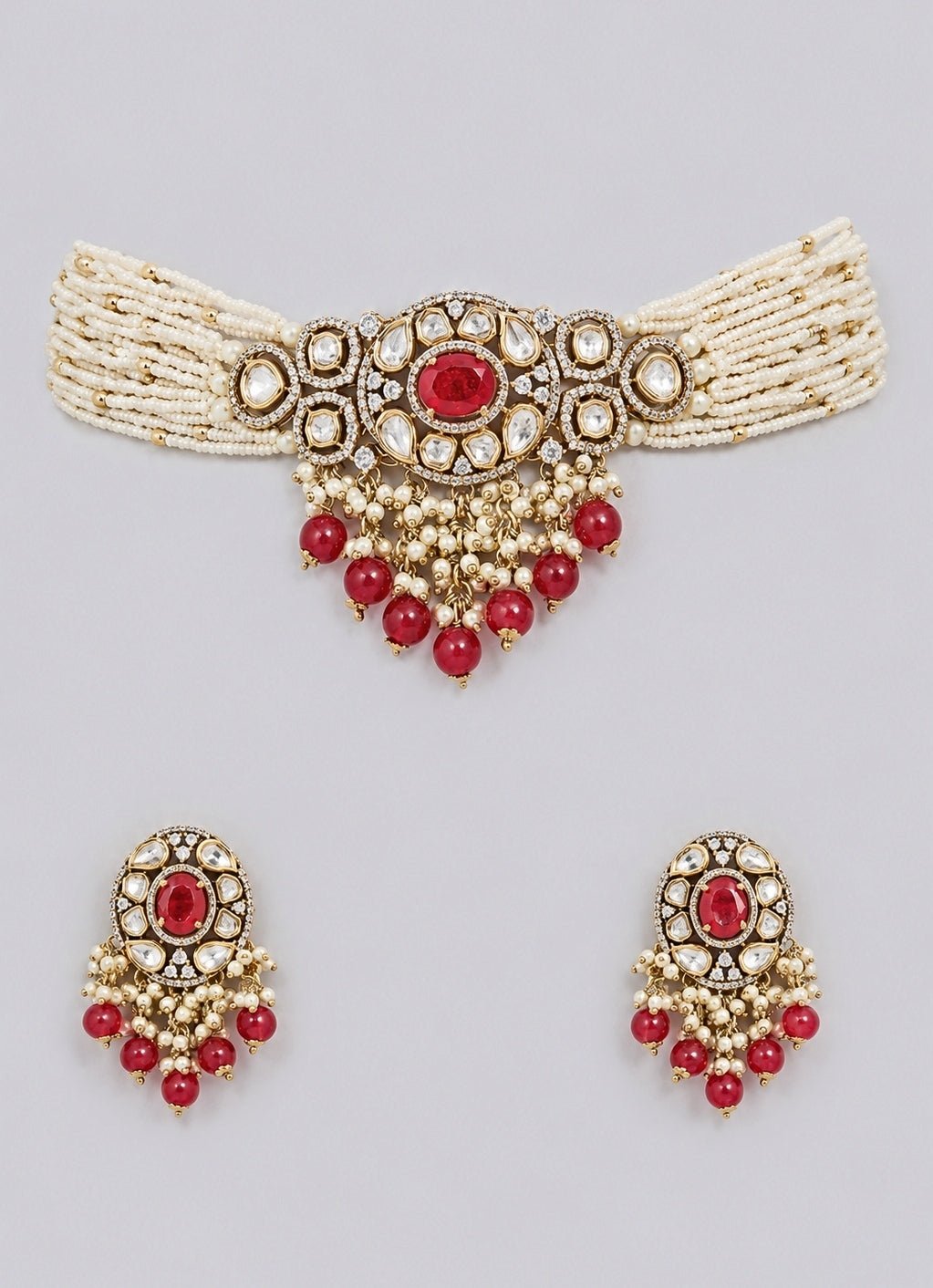 Zevar by Geeta Pearl And Red Kundan Choker SetFabilicious Fashion