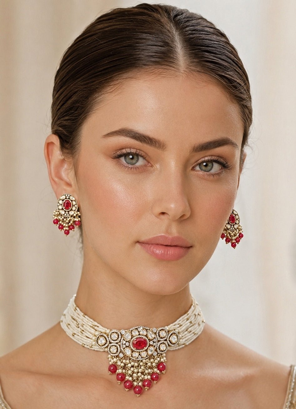 Zevar by Geeta Pearl And Red Kundan Choker SetFabilicious Fashion