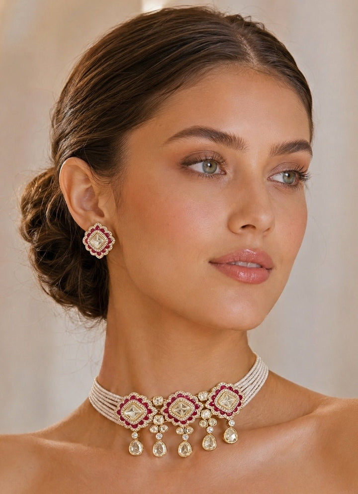 Zevar by Geeta Pearl And Red Meenakari Kundan Choker SetFabilicious Fashion