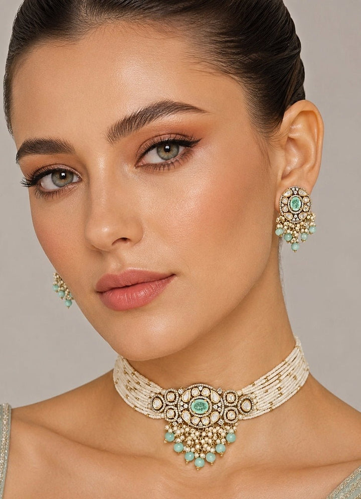 Zevar by Geeta Pearl And Sage Green Kundan Choker SetFabilicious Fashion