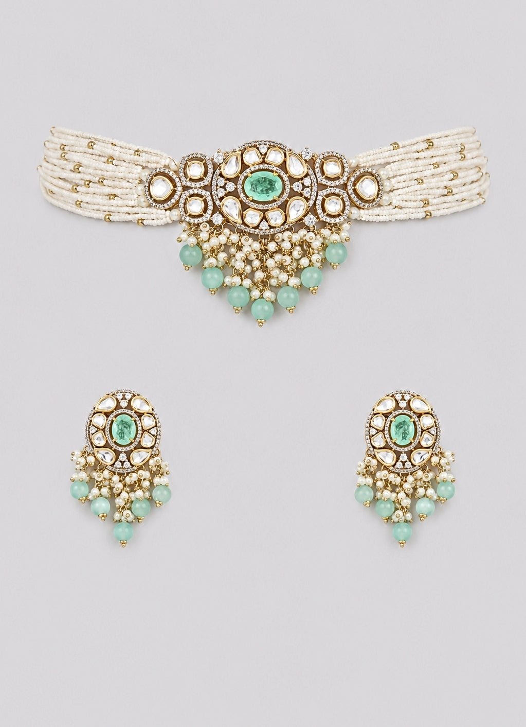 Zevar by Geeta Pearl And Sage Green Kundan Choker SetFabilicious Fashion