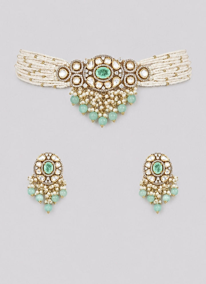Zevar by Geeta Pearl And Sage Green Kundan Choker SetFabilicious Fashion