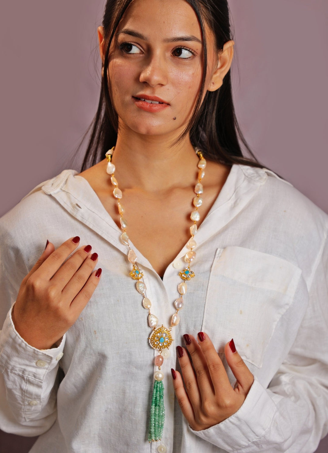 Pearl And Sea Green Beaded Embellished Long Necklace Kalyani Indian Jewelry - Fabilicious Fashion