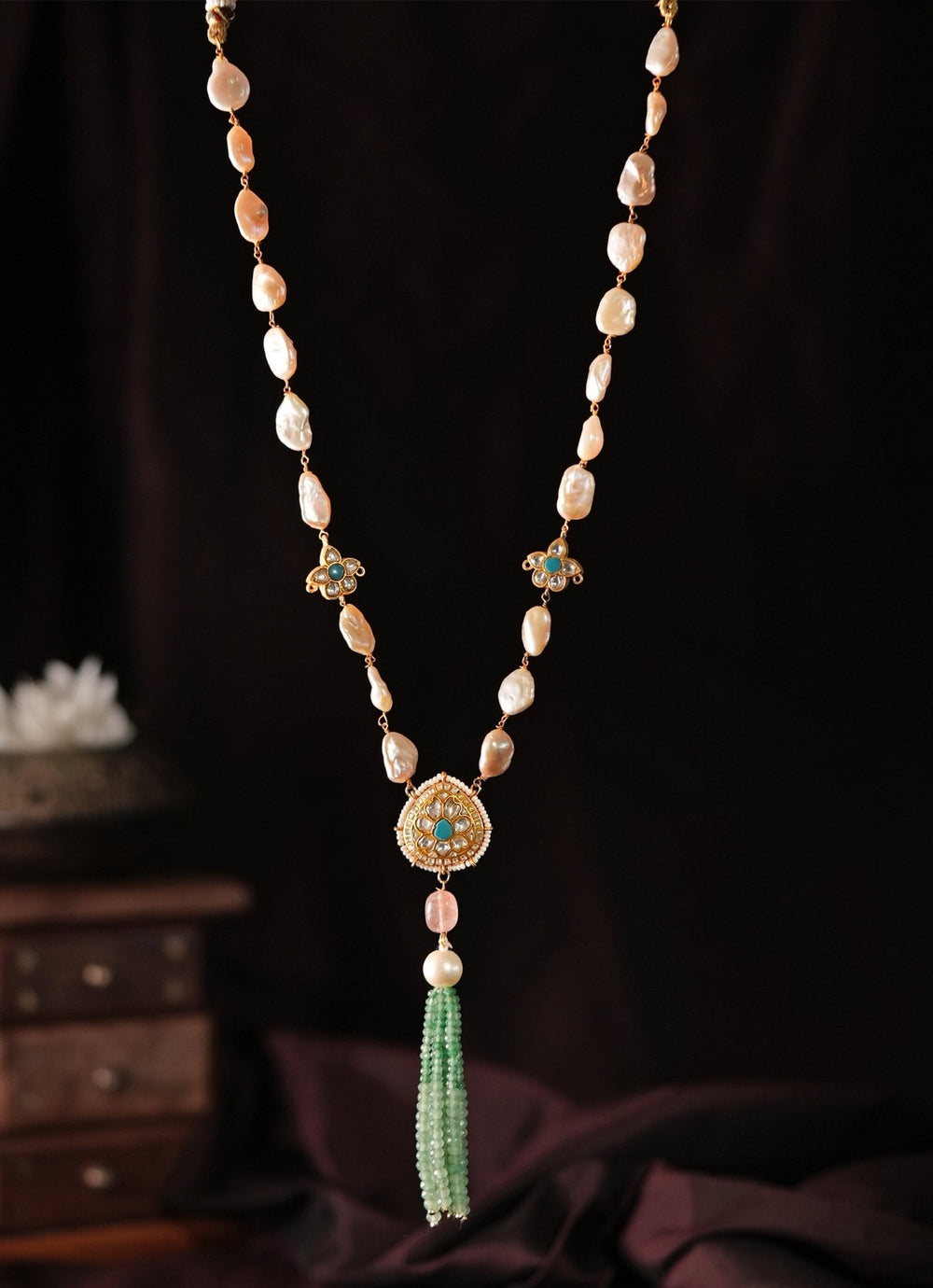 Pearl And Sea Green Beaded Embellished Long Necklace Kalyani Indian Jewelry - Fabilicious Fashion
