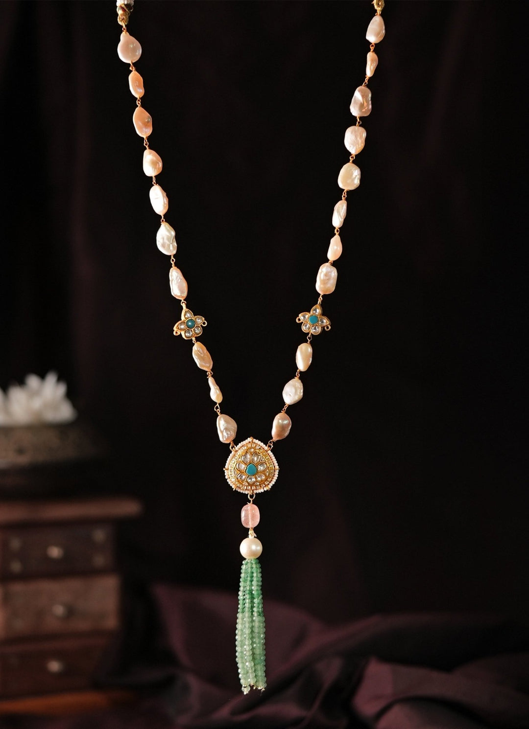 Pearl And Sea Green Beaded Embellished Long Necklace Kalyani Indian Jewelry - Fabilicious Fashion