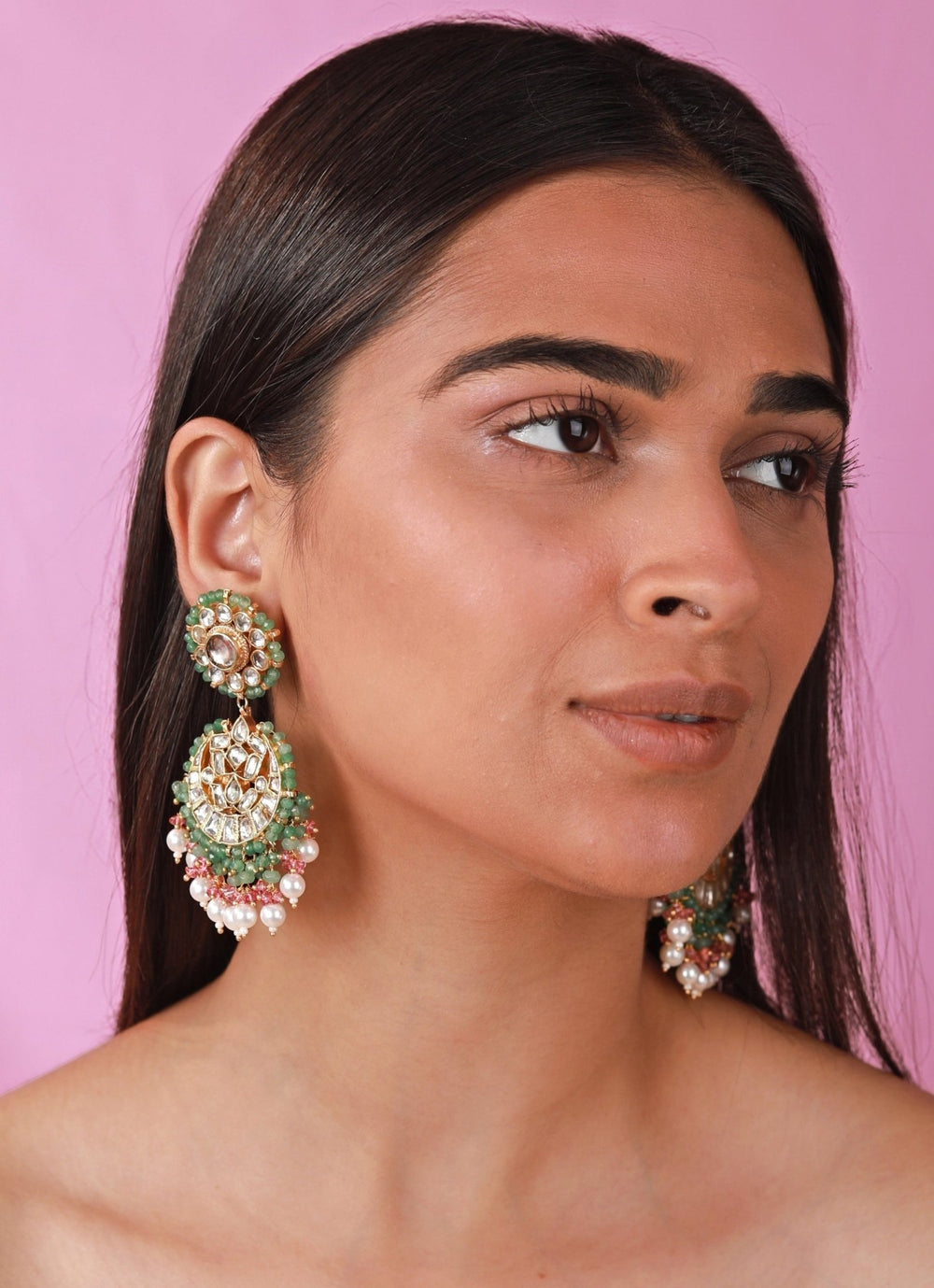 Pearl And Sea Green Stone Earrings Riana by Shikha Jindal - Fabilicious Fashion