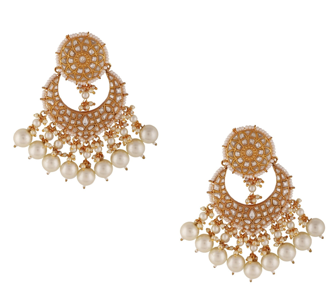 Pearl and White Jadtar Stone Earrings Riana by Shikha Jindal - Fabilicious Fashion