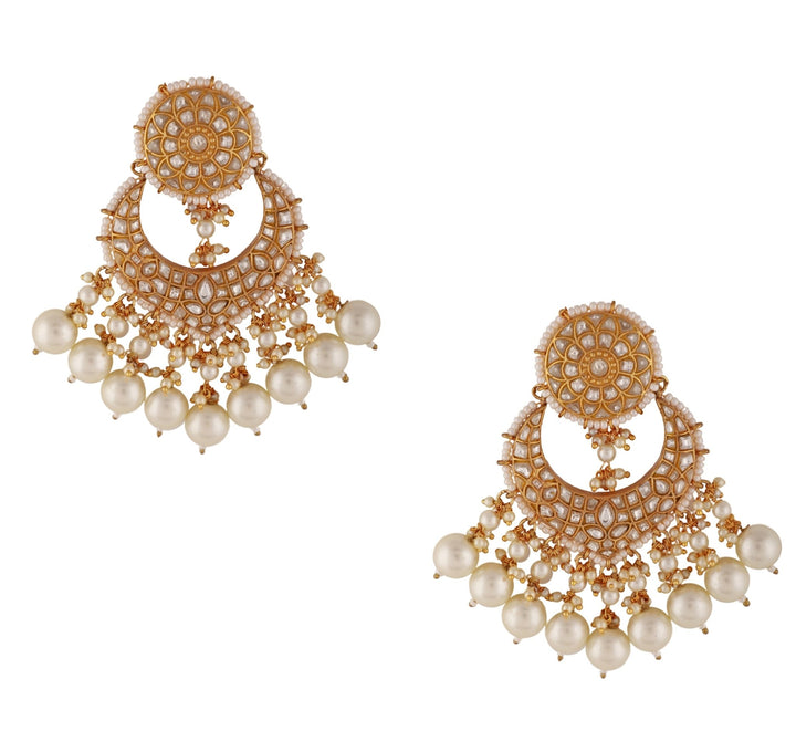 Pearl and White Jadtar Stone Earrings Riana by Shikha Jindal - Fabilicious Fashion