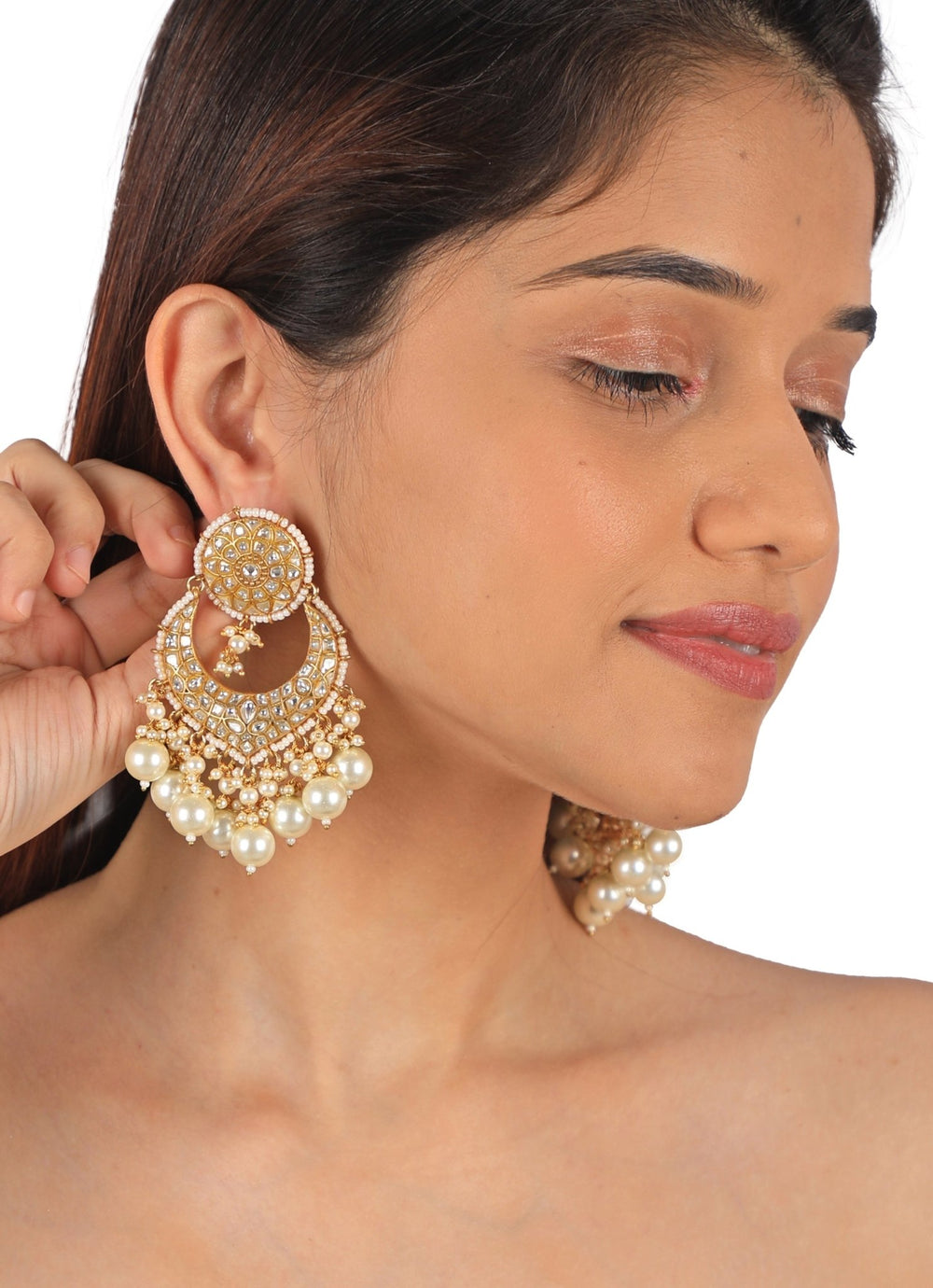 Pearl and White Jadtar Stone Earrings Riana by Shikha Jindal - Fabilicious Fashion