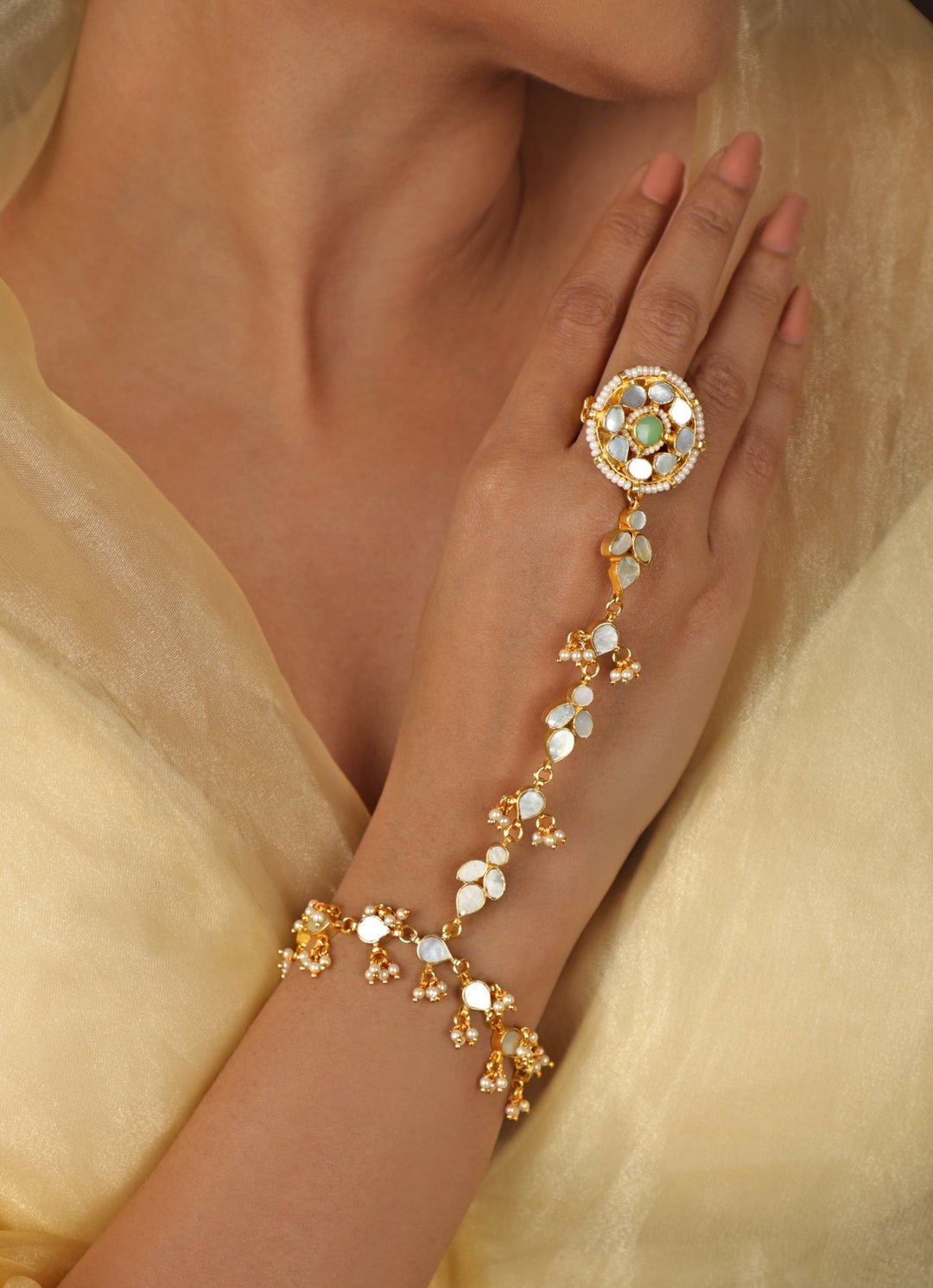 Pearl Beaded Matte Gold Hathphool Riana Jewellery - Fabilicious Fashion