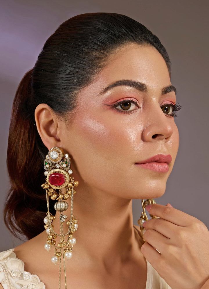 Pearl Drop Kundan Red Stone Statement Earrings Vivinia By Vidhi Mehra - Fabilicious Fashion
