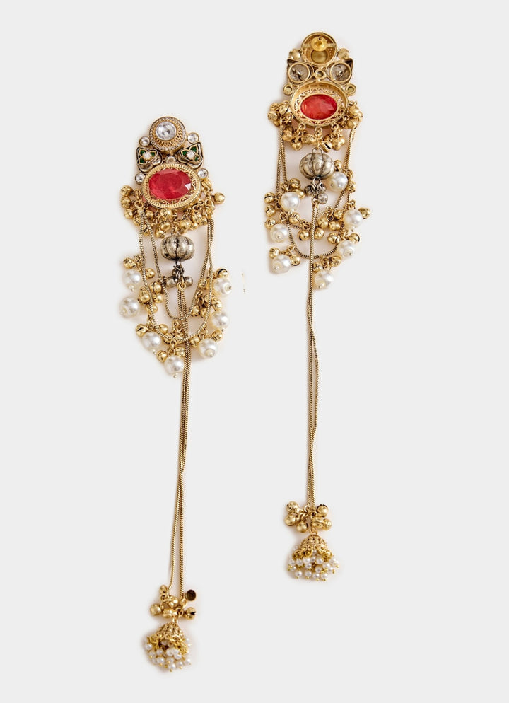 Pearl Drop Kundan Red Stone Statement Earrings Vivinia By Vidhi Mehra - Fabilicious Fashion