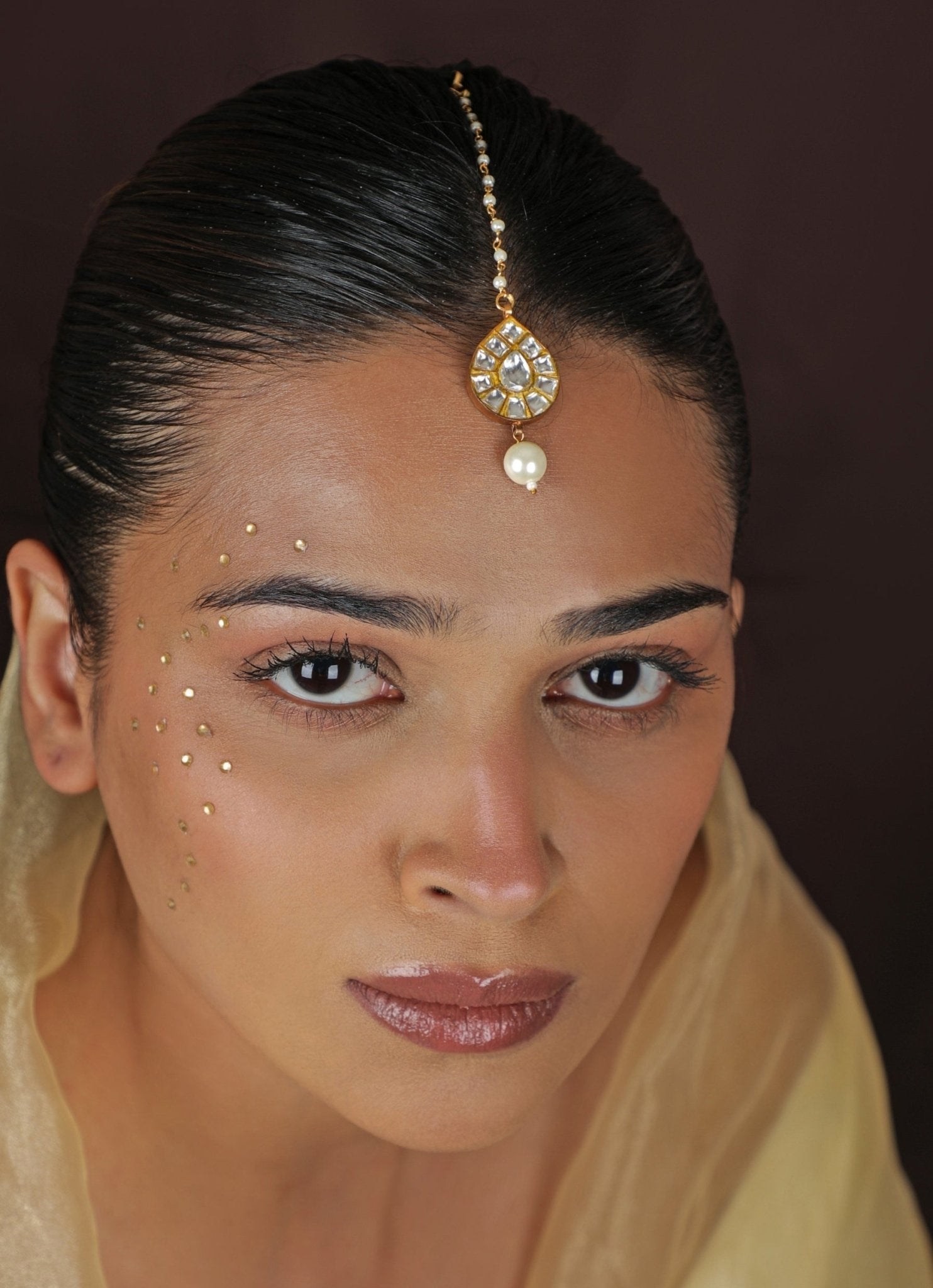 Pearl drop matte gold maang tikka for round face