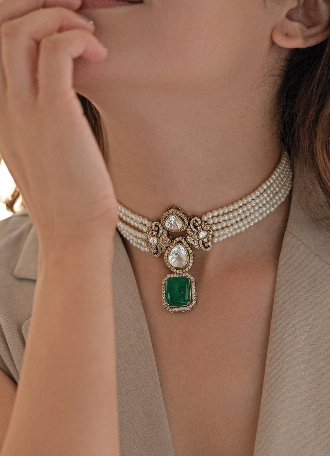 Do Taara Pearl Green Stone Choker NecklaceFabilicious Fashion