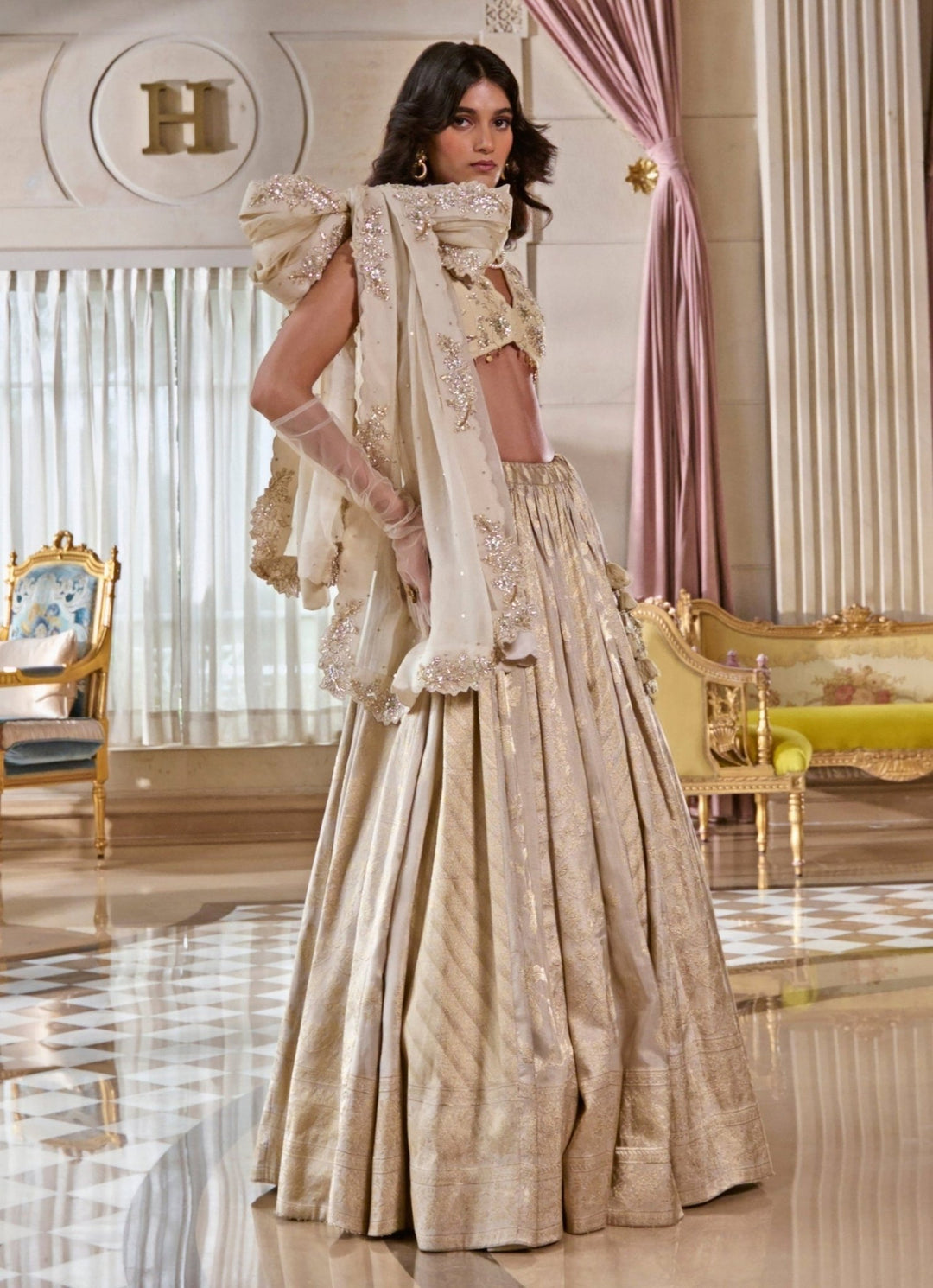 Pearl Grey Jacquard Lehenga Set Paulmi and Harsh - Fabilicious Fashion