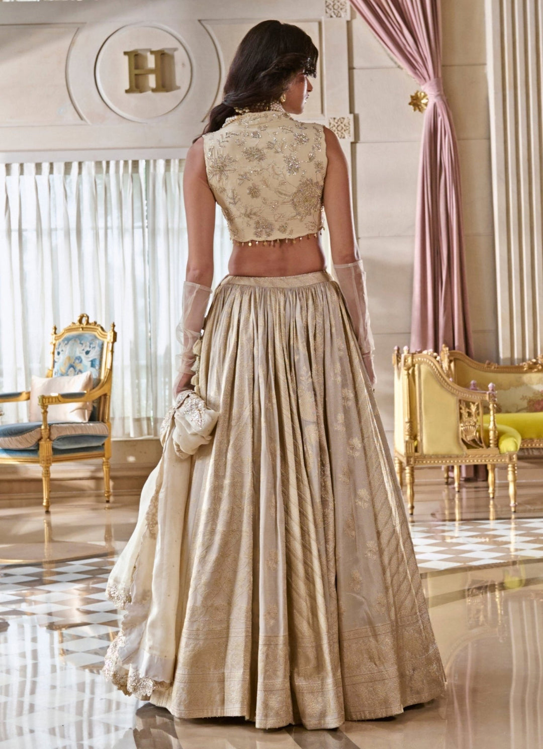 Pearl Grey Jacquard Lehenga Set Paulmi and Harsh - Fabilicious Fashion