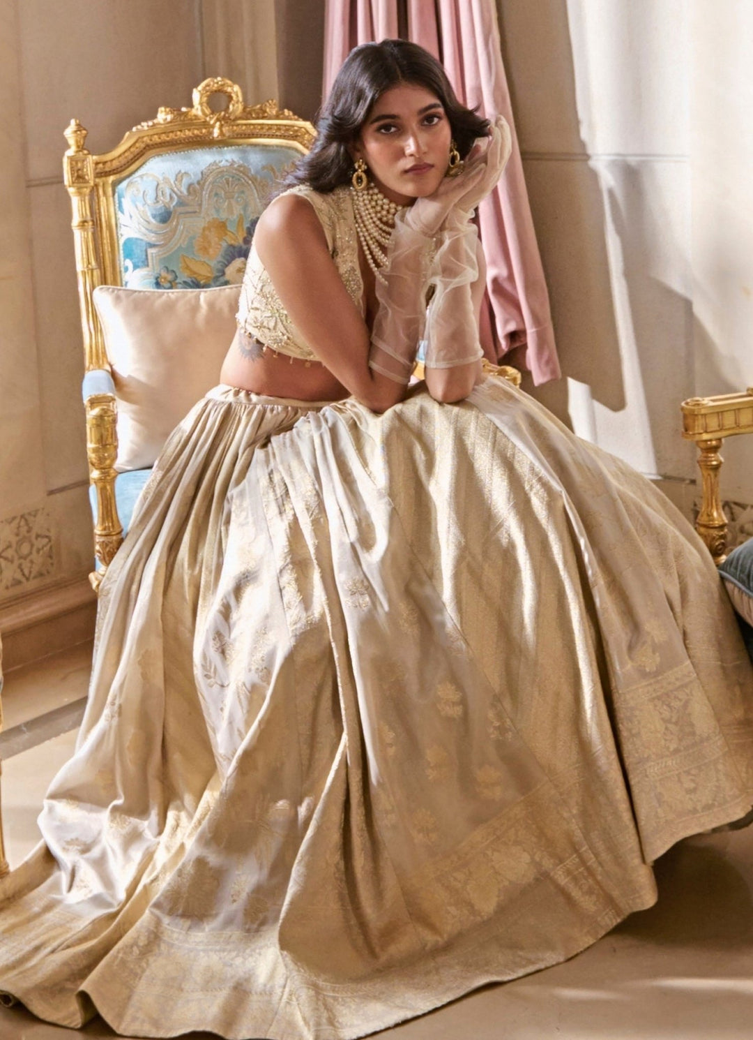 Pearl Grey Jacquard Lehenga Set Paulmi and Harsh - Fabilicious Fashion