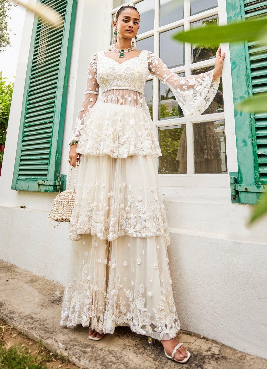 Pearl Ivory Embroidered Peplum Kurta Sharara Set Mani Bhatia - Fabilicious Fashion