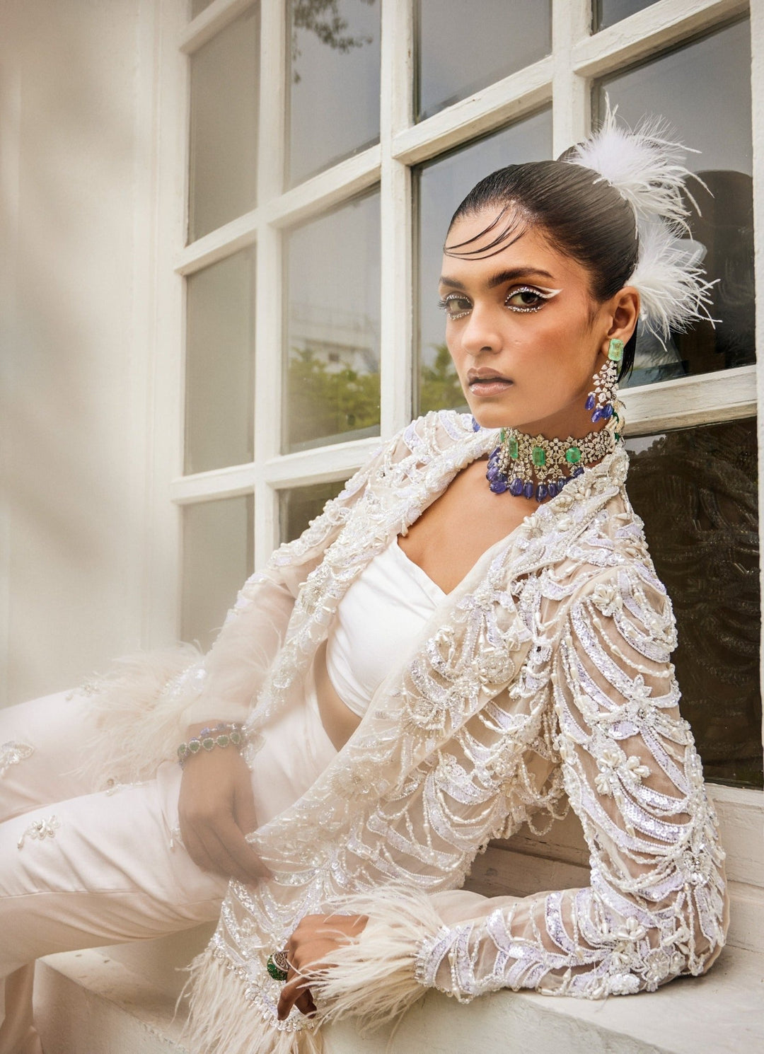 Pearl Ivory Feather Jacket And Pants Set With Bustier Mani Bhatia - Fabilicious Fashion