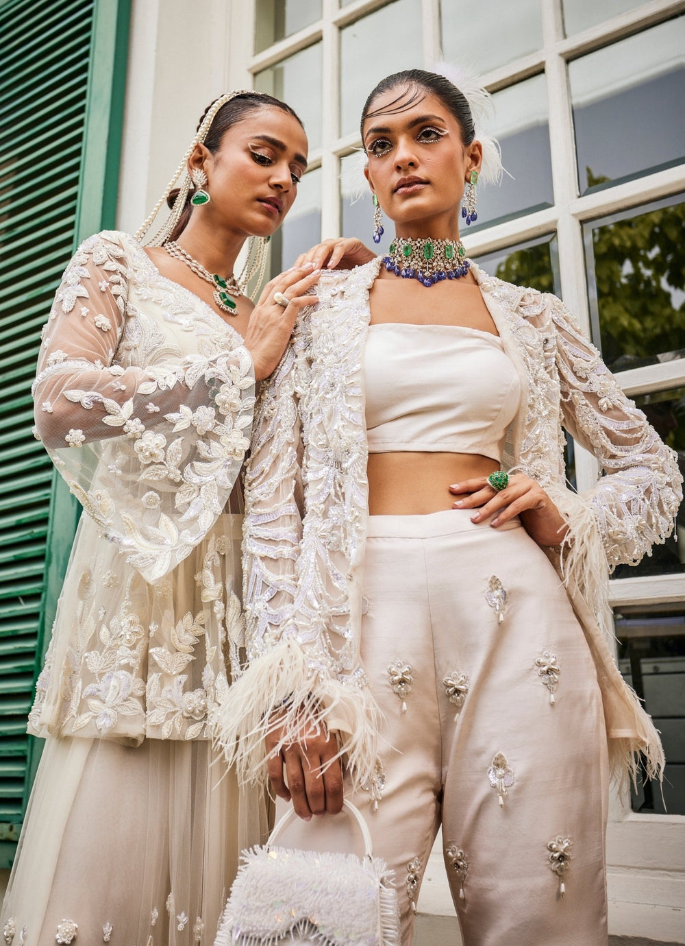 Pearl Ivory Feather Jacket And Pants Set With Bustier Mani Bhatia - Fabilicious Fashion
