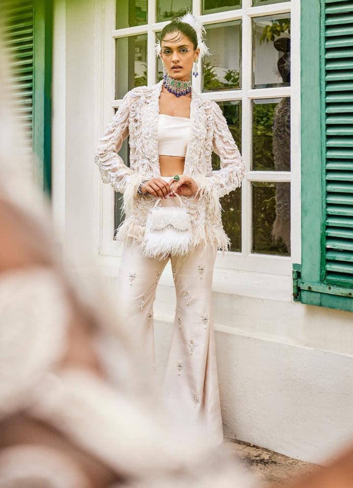 Pearl Ivory Feather Jacket And Pants Set With Bustier Mani Bhatia - Fabilicious Fashion