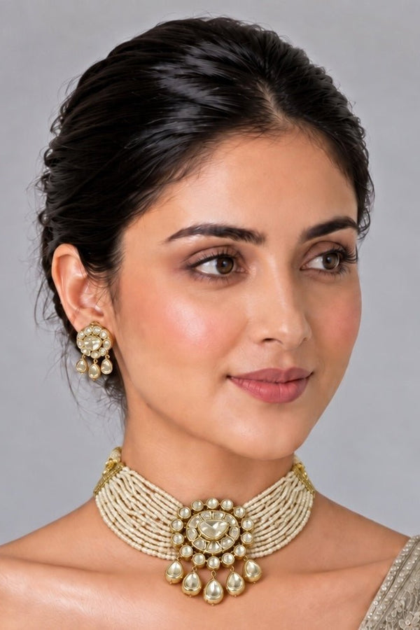 Vivinia by Vidhi Mehra pearl moissanite polki choker set for a sangeet lehenga