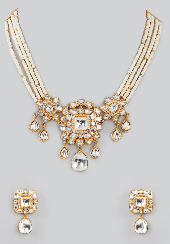 Pearl String Kundan Necklace Set Zevar by Geeta Fabilicious Fashion