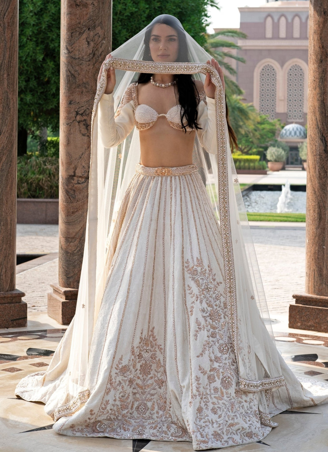 Pearl White Embroidered Bridal Satin Lehenga Set Jigar and Nikita - Fabilicious Fashion