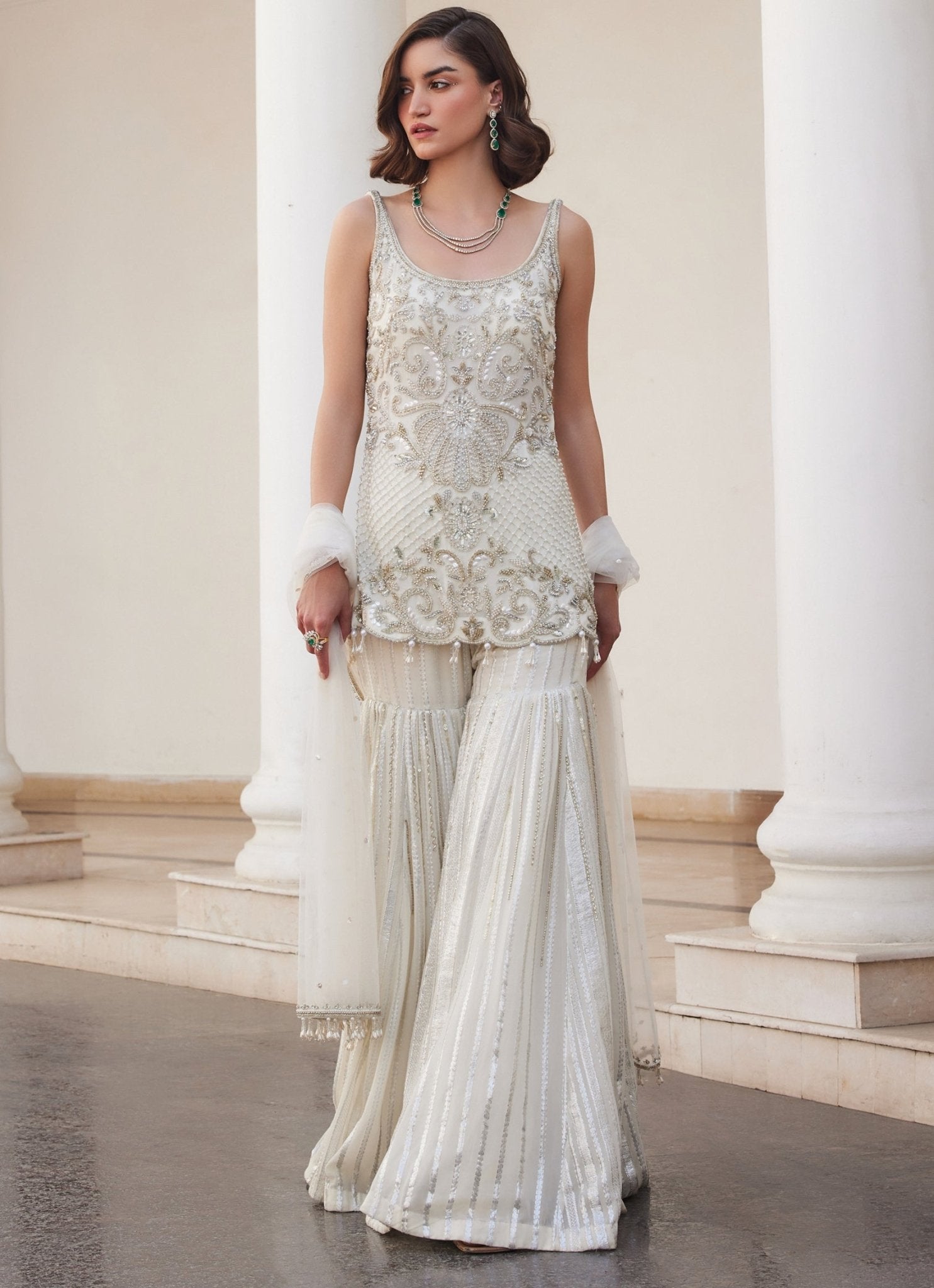 Pearl white embroidered georgette sharara set for Punjabi reception