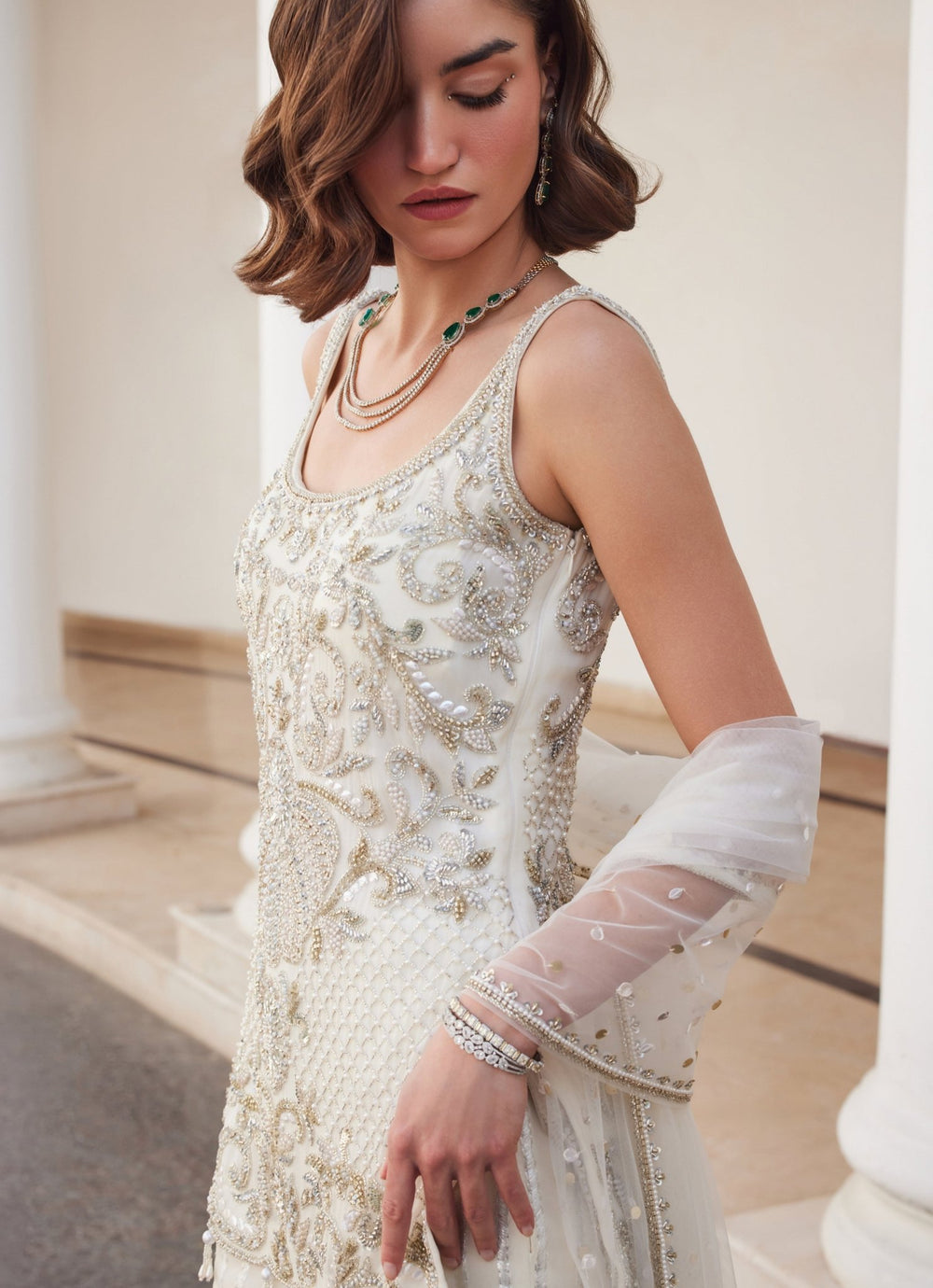 Pearl White Embroidered Georgette Kurta Sharara Set Sanya Gulati - Fabilicious Fashion