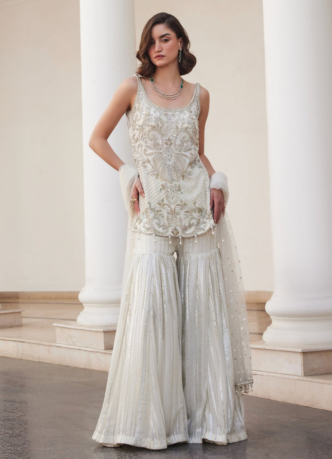 Pearl White Embroidered Georgette Kurta Sharara Set Sanya Gulati - Fabilicious Fashion