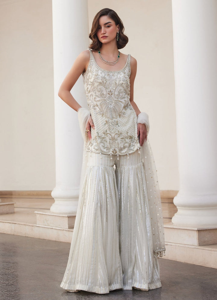 Pearl White Embroidered Georgette Kurta Sharara Set Sanya Gulati - Fabilicious Fashion