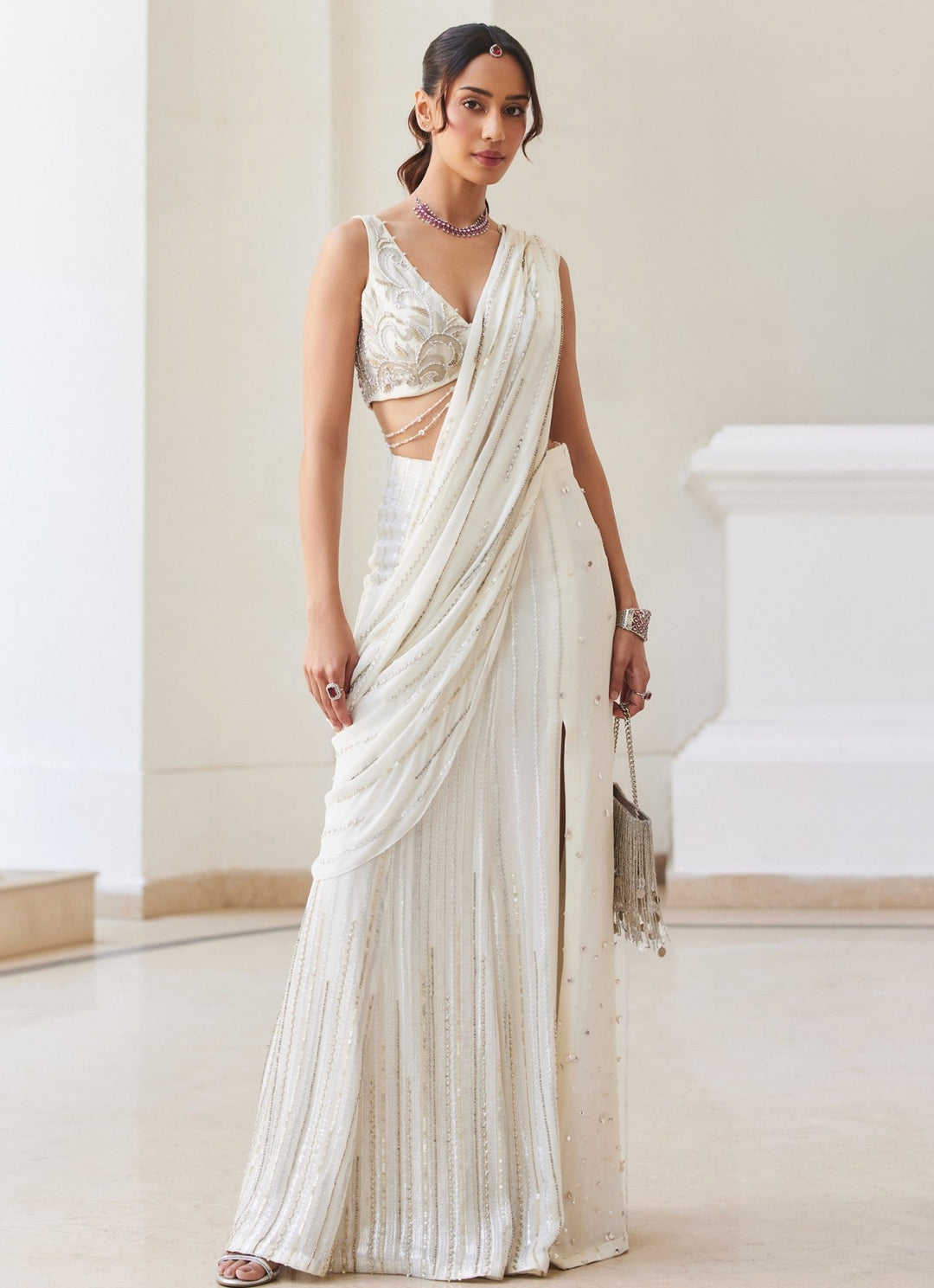 Pearl White Embroidered Georgette Slit Saree Sanya Gulati - Fabilicious Fashion