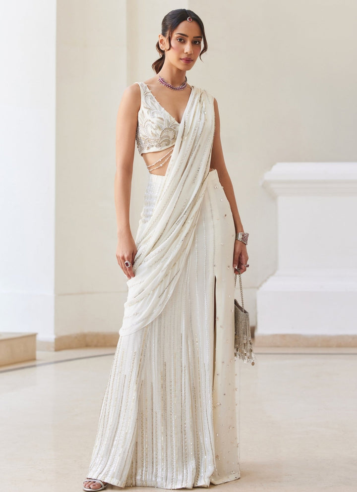 Pearl White Embroidered Georgette Slit Saree Sanya Gulati - Fabilicious Fashion