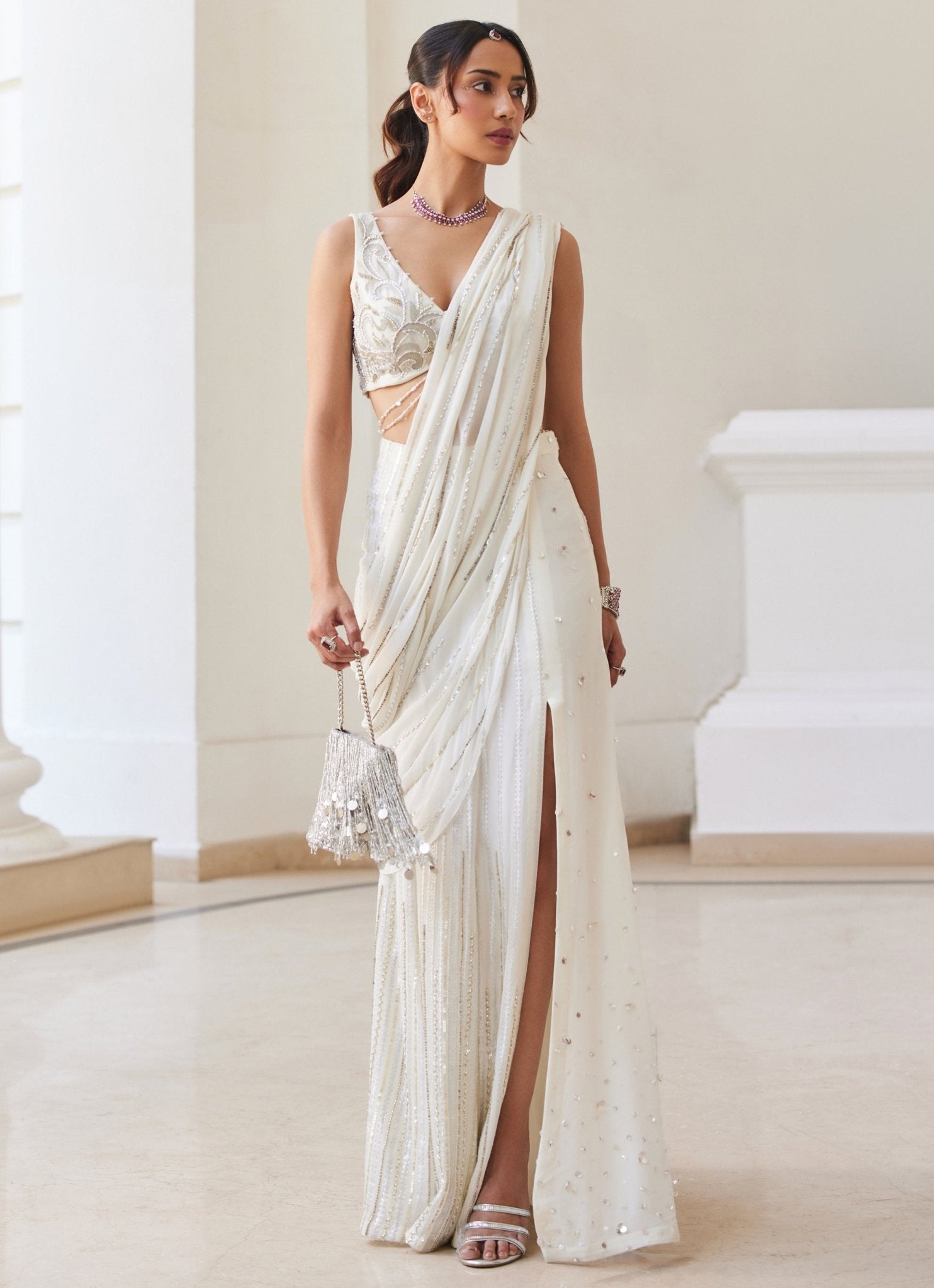 Sanya Gulati pearl white embroidered slit saree — saree trends 2026 for cocktail