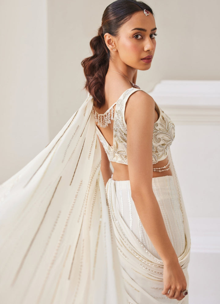 Pearl White Embroidered Georgette Slit Saree Sanya Gulati - Fabilicious Fashion