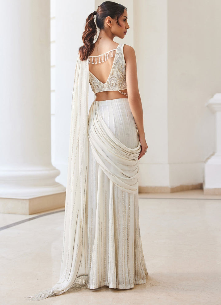 Pearl White Embroidered Georgette Slit Saree Sanya Gulati - Fabilicious Fashion