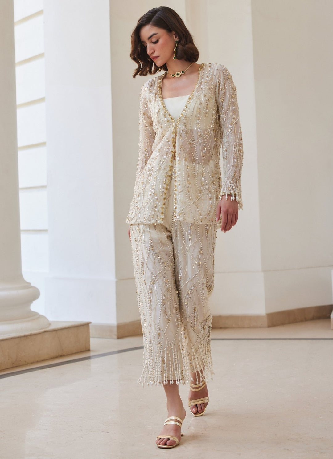 Pearl White Embroidered Pure Silk Organza Coord Set Sanya Gulati - Fabilicious Fashion