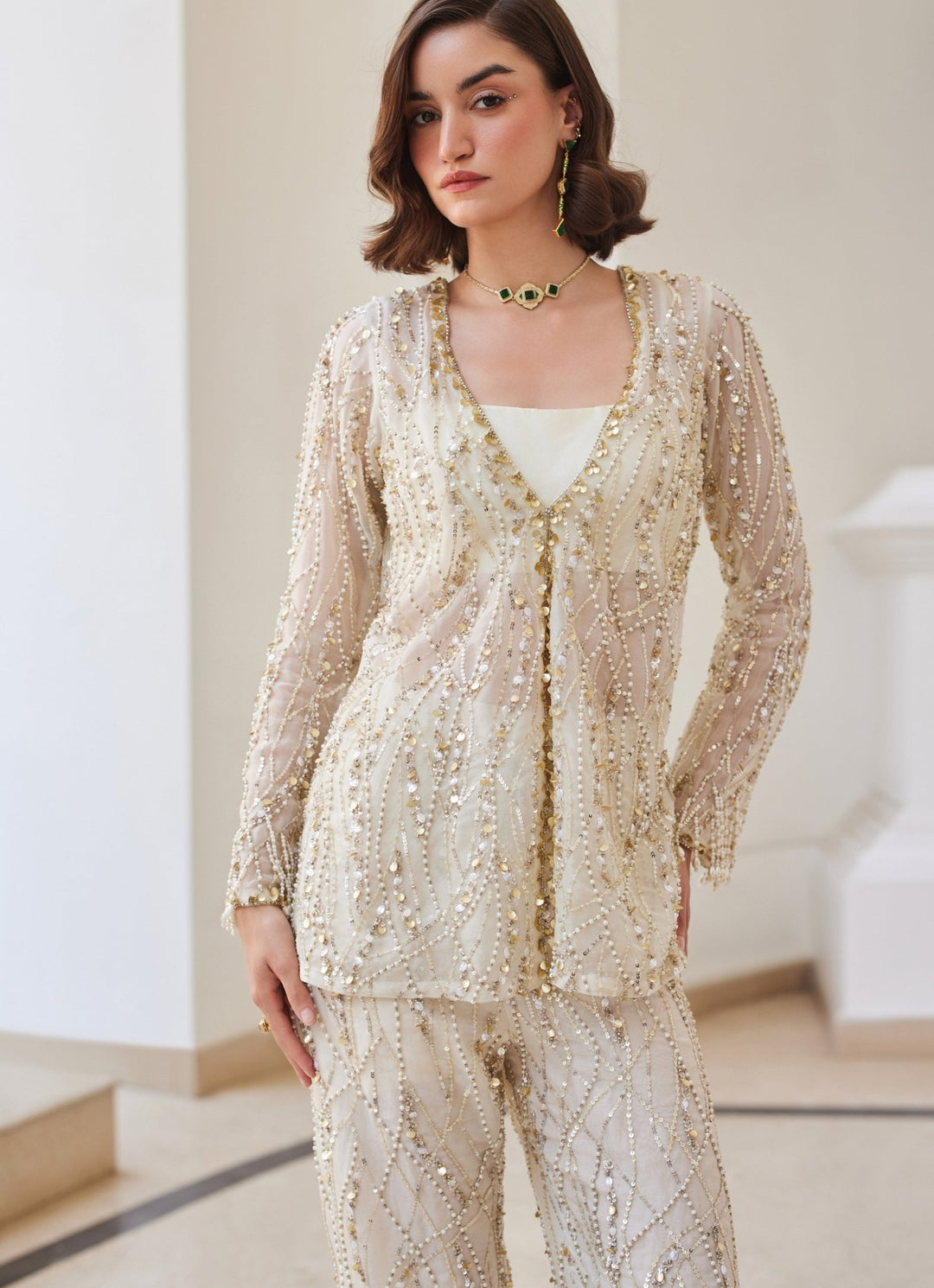 Pearl White Embroidered Pure Silk Organza Coord Set Sanya Gulati - Fabilicious Fashion